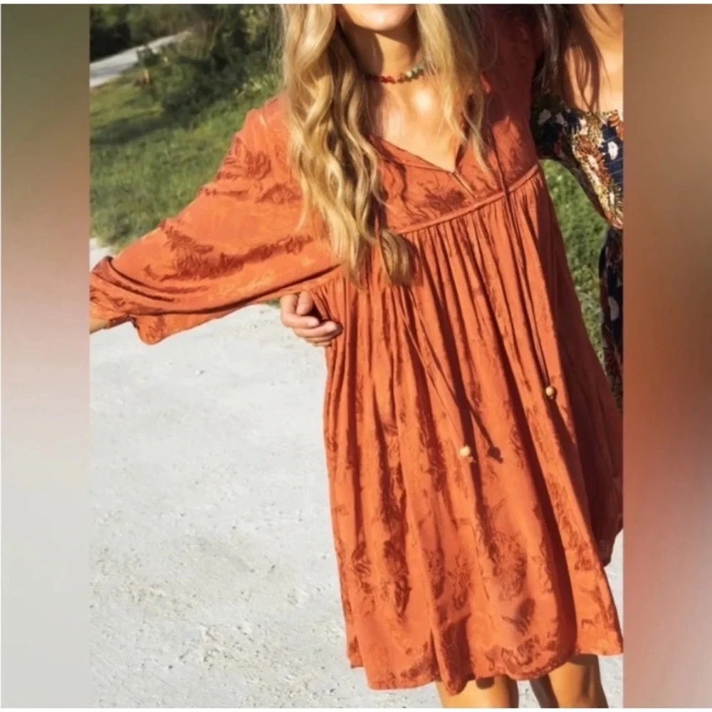 Natural Life Rose Mini Dress Bubble Sleeves Babydoll Oversized Size Small Boho